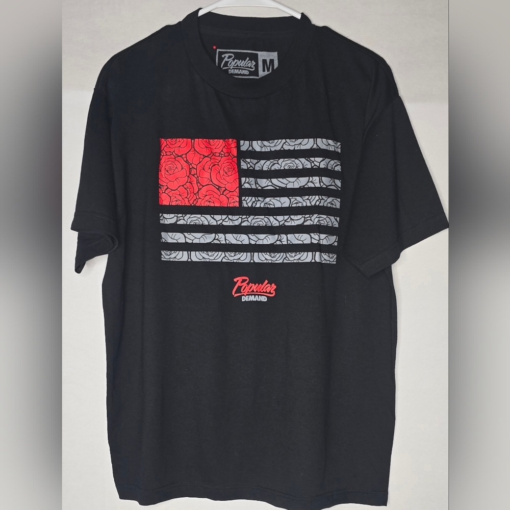 Popular Demand Graphic T-Shirt Black with Red Roses Flag - Men's Size Medium